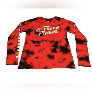 Pizza Planet Tie-Dye Long Sleeve T-Shirt Red Black Retro Graphic‎ Tee